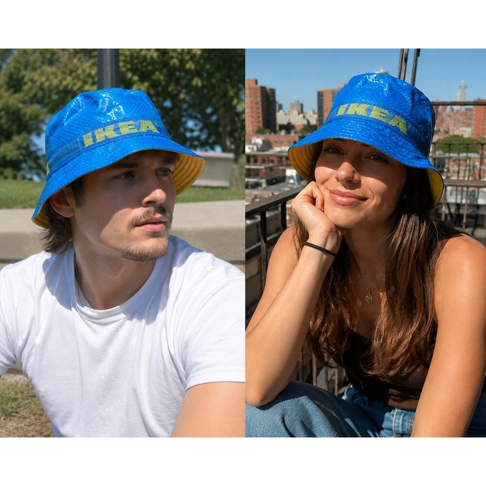 IKEA Knorva Blue Bucket Hat Yellow Lining Logo Band Festival Rain Hat
